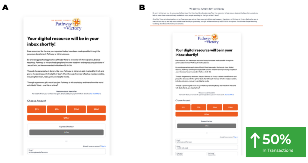 donation page fundraising experiment showing a 50% lift in donations by adding a sticky bar